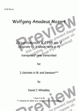 page one of Mozart - Divertimento K439b no 4 for 2 clarinets and bassoon transcribed by David Wheatley