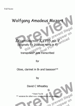 page one of Mozart - Divertimento K439b no 4 for oboe clar and bsn transcribed by David Wheatley