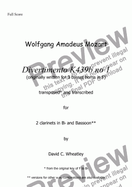 page one of Mozart - Divertimento K439b no 1 for 2 clarinets and bassoon transcribed by David Wheatley