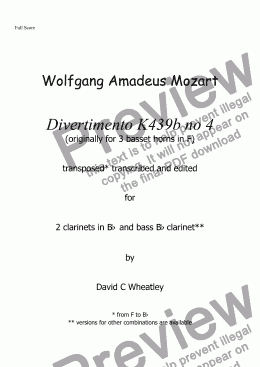 page one of Mozart - Divertimento K439b no 5  for 2 clarinets in Bb and bass clar transcribed by David C Wheatley