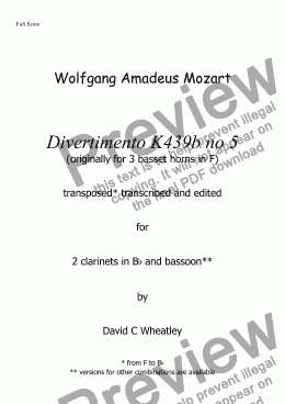 page one of Mozart - Divertimento K439b no 5  for 2 clarinets (Bb) and bassoon transcribed by David C Wheatley