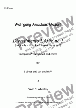 page one of Mozart - Divertimento K439b no 1 for 2 oboes and cor anglais transcribed by David Wheatley