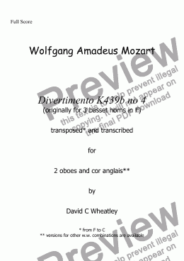 page one of Mozart - Divertimento K439b no 4 for 2 oboes and cor anglais transcribed by David Wheatley
