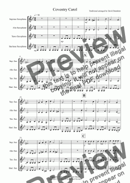 page one of Coventry Carol for Saxophone Quartet