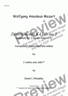 page one of Mozart - Divertimento K439b no 5  for 2 violins and cello transcribed by David C Wheatley