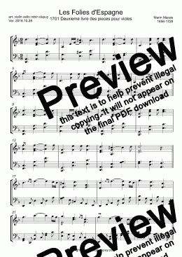 page one of Marin Marias - Les Folies d'Espagne (Extraits) - La Folia - From Deuxieme livre des pieces pour violes - PDF - Duo duet violin cello