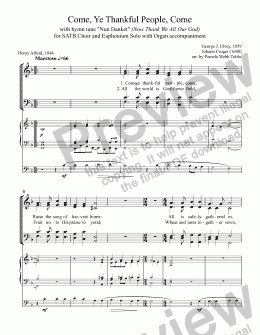 page one of Come, Ye Thankful People, Come with Nun Danket for SATB Choir and Euphonium Solo with Organ Accompaniment, arr. by Pamela Webb Tubbs