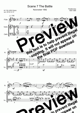 page one of Tchaikovsky - The Nutcracker - Scene 7 The Battle - El cascanueces Escena (La Batalla) - Casse-noisette La Bataille - くるみ割り人形 くるみ割り人形とねずみの王様の戦い - 호두까기 인형 -  Щелкунчик - trio Flute Violin Cello