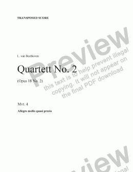 page one of Beethoven String Quartet No. 2 (Mvt. 4) Transp. score