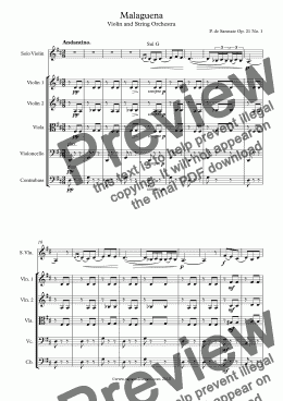 page one of Sarasate Malaguena Op. 21 No. 1 for Violin and String Orchestra