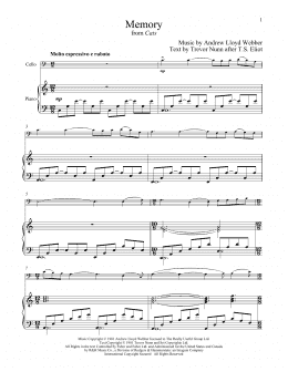 page one of Memory (from Cats) (Cello and Piano)