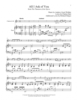 page one of All I Ask Of You (from The Phantom Of The Opera) (Clarinet and Piano)