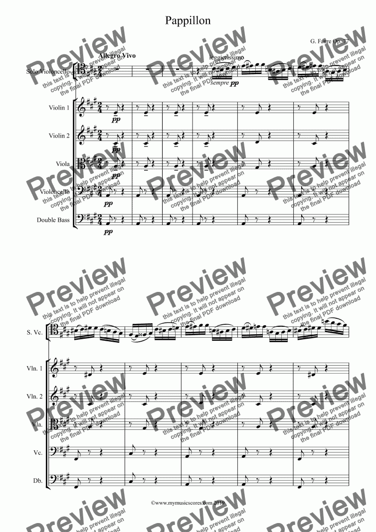 Fauré Papillon Op.77 for Cello and String Orchestra - Sheet Music PDF