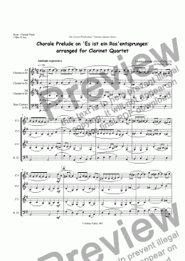 page one of Chorale Prelude on 'Es ist ein Ros' entsprungen' arr for Clarinet Quartet