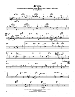 page one of Airegin (Tenor Sax Transcription)