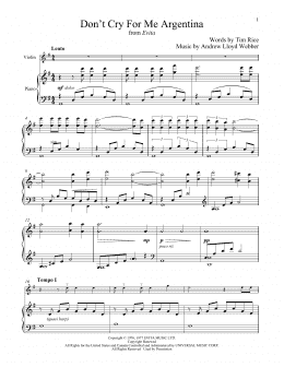 page one of Don't Cry For Me Argentina (Violin and Piano)