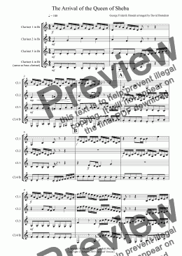 page one of Arrival of the Queen of Sheba for Clarinet Quartet