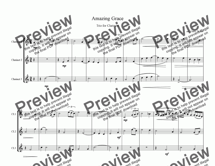 Amazing Grace Trio For Clarinets Download Sheet Music Pdf File 