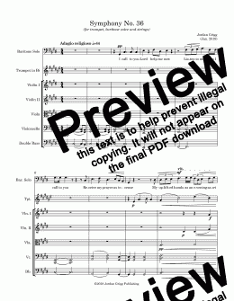 page one of Symphony No 36 (for trumpet, baritone voice and strings) - Score and parts