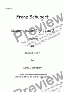 page one of Schubert - Moment musical op 94 no 2 transcribed for clarinet choir by David Wheatley