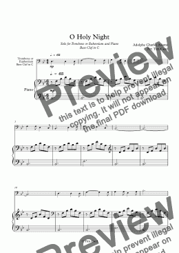 page one of O Holy Night. For Solo Trombone/Euphonium in C (bass clef) and Piano