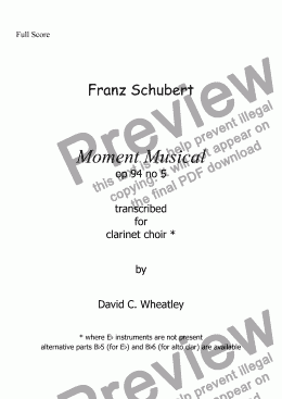 page one of Schubert - Moment Musical op 94 no 5 transcribed for clarinet choir by David C Wheatley