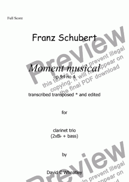 page one of Schubert - Moment musical op 94 no 4 transcribed for 2Bb and bass clarinets by David C Wheatley