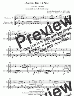 page one of Bruni Duettini Op. 34 No.3  Duet for clarinet  (standard and left hand only)