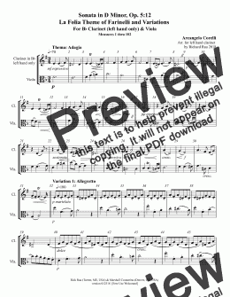 page one of Corelli - Sonata in D Minor, Op. 5:12 La Folia Theme and Variations - For Bb Clarinet (left hand only) & Viola 