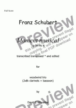 page one of Schubert - Moment musical op 94 no 4 transcribed for 2Bb clarinets and bassoon by David C Wheatley