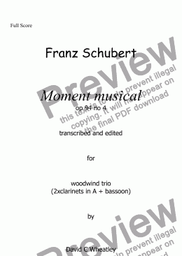 page one of Schubert - Moment musical op 94 no 4 transcribed for 2 clarinets in A and bassoon by David C Wheatley