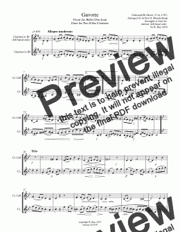 page one of Gluck Gavotte From the Ballet Don Juan - Duet for Two B flat Clarinets, one standard fingering, one left hand only