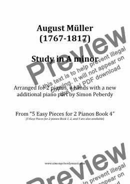 page one of Study in A minor (A. Müller) Arranged for 2 pianos, 4 hands by Simon Peberdy