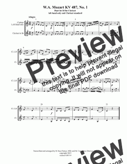 page one of Mozart KV 487, Duets for B flat Clarinet  left hand only and Clarinet standard fingering