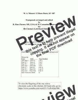 page one of Mozart KV 487, Duets for B flat Clarinet  left hand only and Viola