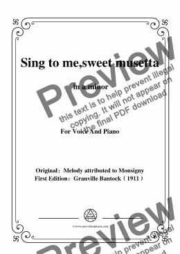 page one of Bantock-Folksong,Sing to me,sweet musetta(O ma tendre Musette),in a minor,for voice and piano