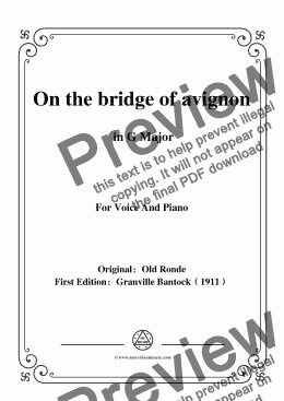 page one of Bantock-Folksong,On the bridge of avignon(Sur la pont d'Avignon),in G Major,for Voice and Piano