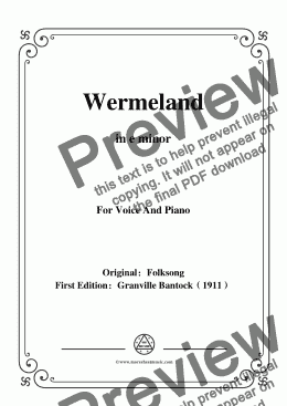 page one of Bantock-Folksong,Wermeland(Vermeland),in e minor,for Voice and Piano