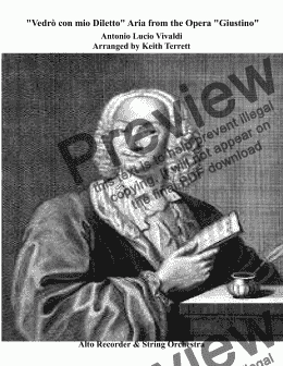 page one of Vedrò con mio Diletto: Aria from the Opera "Giustino" for Treble (Alto) Recorder & String  Quartet