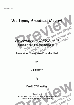 page one of Mozart - Divertimento K439b no 4 for 3 flutes transcribed by David C. Wheatley