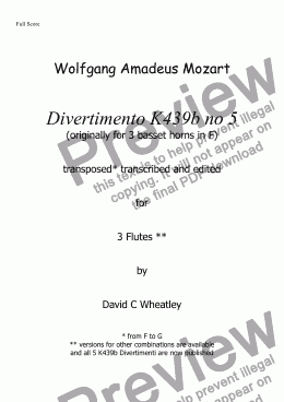 page one of Mozart - Divertimento K439b no 5  for 3 flutes transcribed by David C. Wheatley