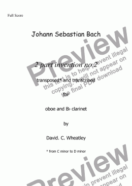 page one of Bach - 2 part invention no 2 in D minor transcribed for oboe and clarinet by David Wheatley