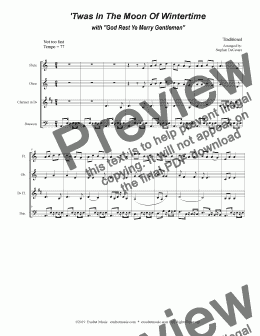 page one of 'Twas In The Moon Of Wintertime (with "God Rest Ye Merry Gentlemen") (for Woodwind Quartet and Piano)