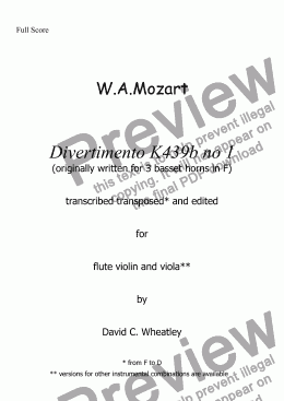 page one of Mozart - Divertimento K439b no 1 for flute violin and viola transcribed by David C Wheatley