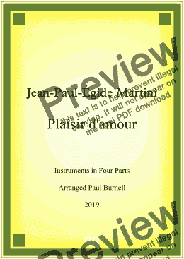 page one of Plaisir d'Amour, arranged for instruments in four parts  - Score and Parts