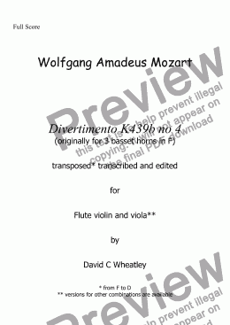 page one of Mozart - Divertimento K439b no 4 for flute violin and viola transcribed by David C Wheatley