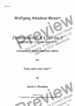 page one of Mozart - Divertimento K439b no 5  for flute violin and viola transcribed by David C Wheatley