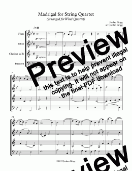 page one of Madrigal for String Quartet (arranged for Wind Quartet) - Score and parts