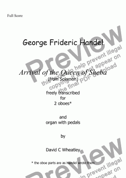 page one of Handel - Arrival of the Queen of Sheba  for  2 oboes and organ with pedals transcribed by David C Wheatley