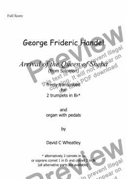 page one of Handel - Arrival of the Queen of Sheba for  2 trumpets and organ with pedals transcribed by David C Wheatley